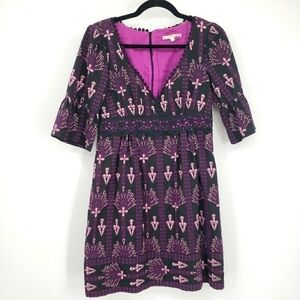 Nanette Lepore women US 4 purple dress fully embroidered V Neck 3/4 sleeve lined
